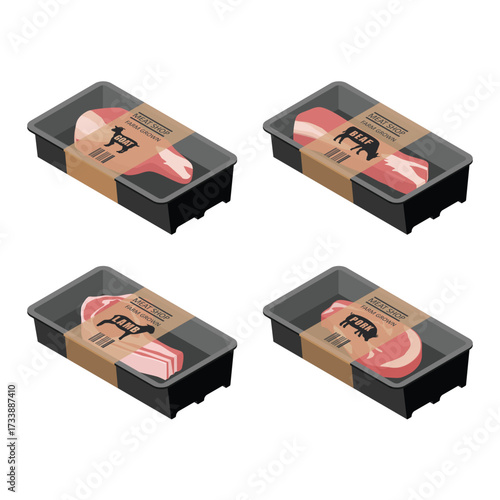 Fresh meat collection. Container with raw chicken breasts fillet, turkey, lamb, goat, beef, pork and lamb meat