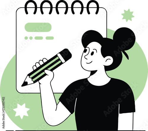 Vector art of a woman is writing on a calendar, she is holding a pencil in her hand and looking at the calendar with a smile on her face