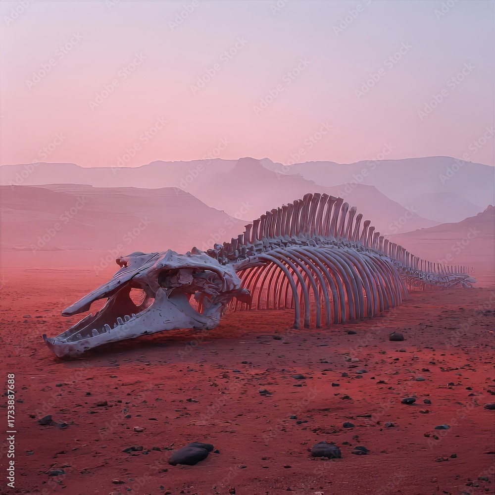 Fototapeta premium Surreal Desert Scene with Whale Skeleton Against Pink Sky Atmosphere