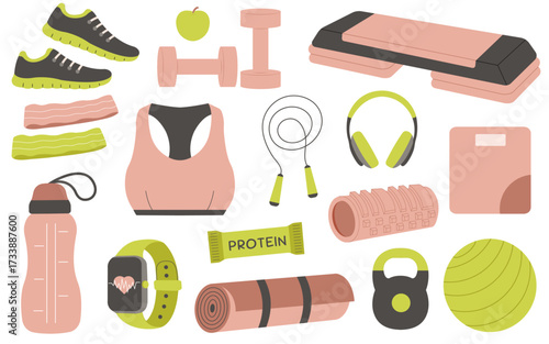 Fitness equipment set. Sport accessories, elements. Fitness set with sneakers, elastic band, top, protein bar, smartwatch, bolster, massage mat, jumping rope, step, scale, kettlebell and more.