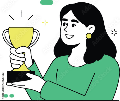 Vector art of a woman is holding a trophy, she is smiling and looking at the trophy with pride and satisfaction in her eyes, celebrating victory