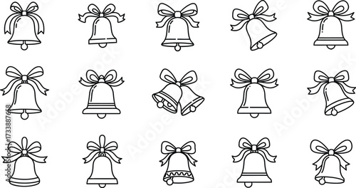Set of fifteen hand-drawn Christmas bells with bows for design