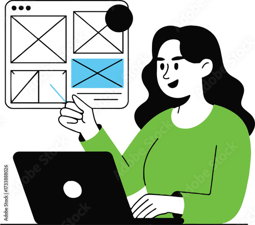 Vector art of a woman working on website design, pointing at a screen layout, , showcasing creativity and digital development process