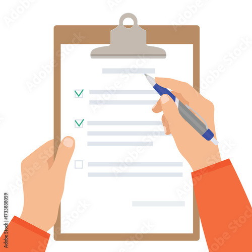 Hands holding clipboard with checklist, green check marks and pen