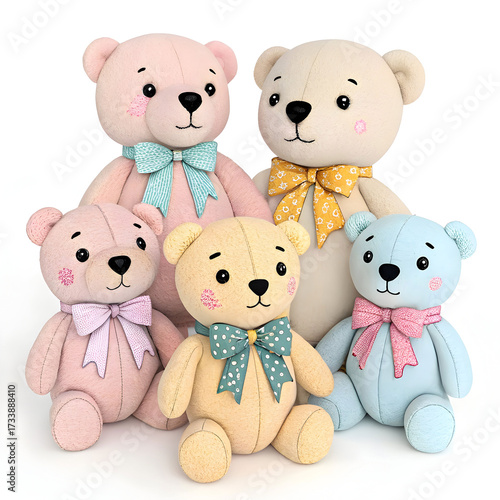 Adorable collection of six plush teddy bears with bows