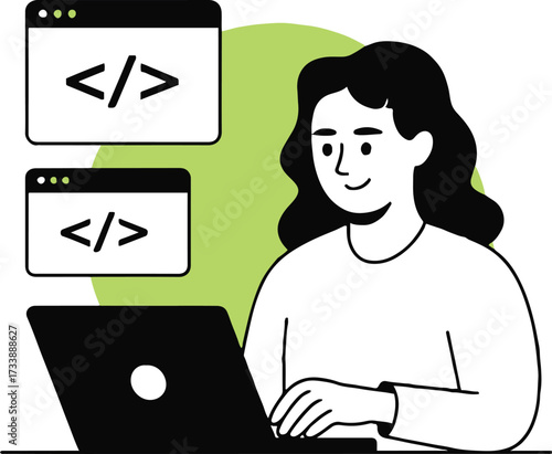Vector art of a woman is using a laptop for web development, she is working on code with html tags and a green background