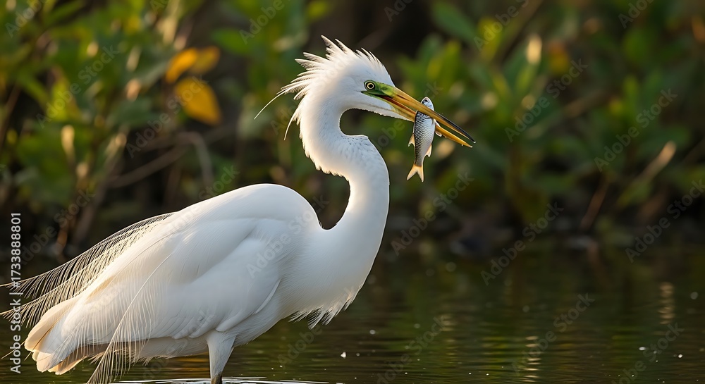 Naklejka premium Egrets and Fish in Wetland.