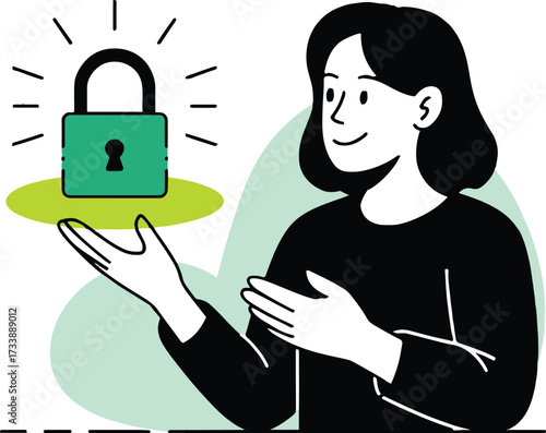 Vector art of a woman is presenting a padlock, illustrating the concept of security and data protection, ensuring privacy and safety