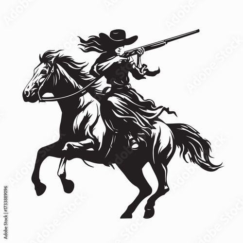 Cowgirl Aiming Rifle on Horseback Silhouette Vector Illustration Design