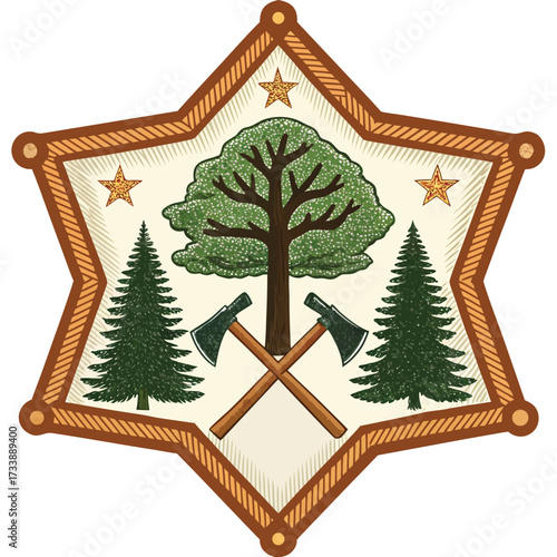 A rustic emblem featuring trees, axes, and stars within a six-pointed star border.