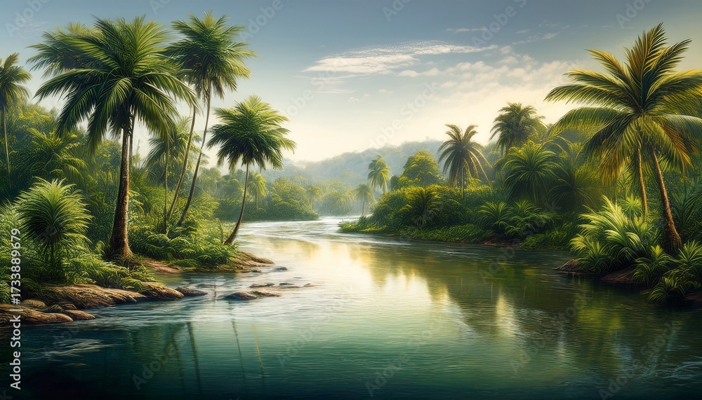 Fototapeta premium Tropical Jungle River Landscape Illustration With Palm Trees
