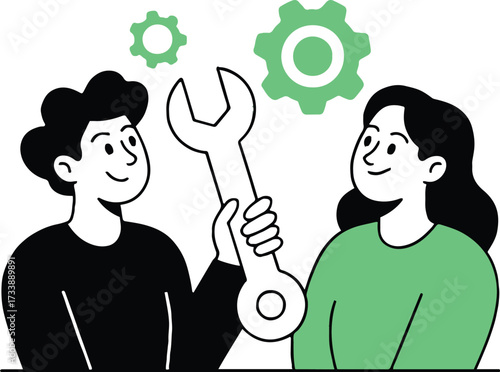 Vector art of two people are working together on a project, one person is holding a wrench, and the other person is smiling and looking at the wrench