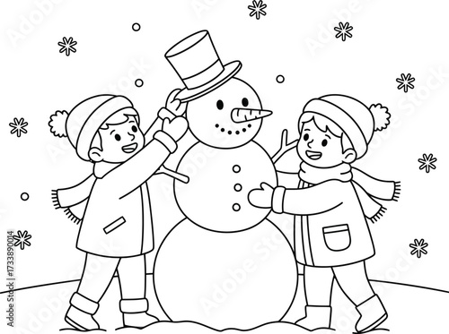 A heartwarming black and white illustration of two children building a snowman in a snowy landscape, perfect for winterthemed projects and seasonal fun