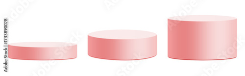 3D Pink podium set with three cylinder platforms for product display or cosmetic presentation. Minimal design png pedestal stage for branding, packaging mockups, and advertising scenes.