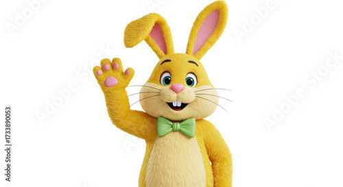 Adorable yellow Easter bunny waving isolated PNG, cartoon rabbit with green bow tie on transparent background for holiday design