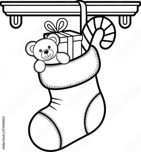 A festive christmas stocking filled with a teddy bear, gift, and candy cane, hanging from a mantelpiece
