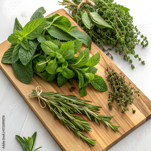 A collection of fresh herbs mint basil oregano thyme