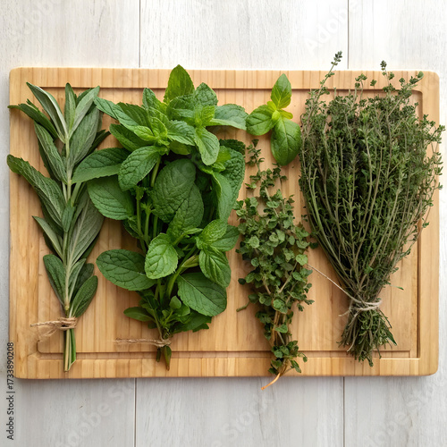 A collection of fresh herbs mint basil oregano thyme