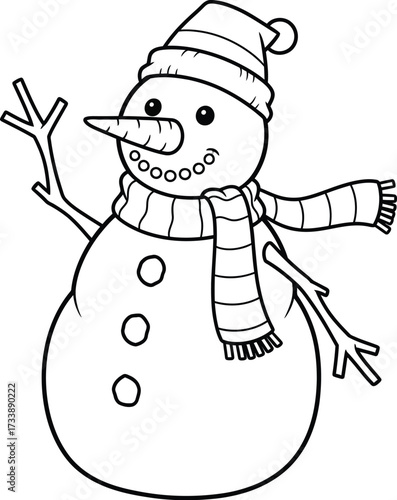 Cute cartoon snowman waving hello, wearing a hat and scarf