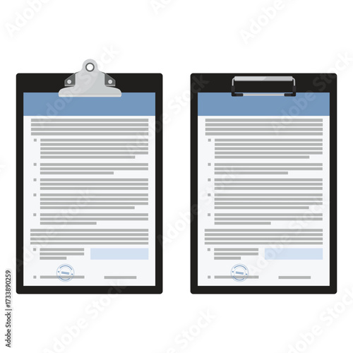 Document. Contract papers. Paper documents on clipboard. Agreements document with signature and approval stamp. Concept of paperwork, business documents