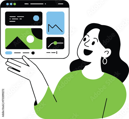 Vector art of cheerful woman presenting a dashboard with charts and graphs, showcasing data analysis and insights modern and clean design