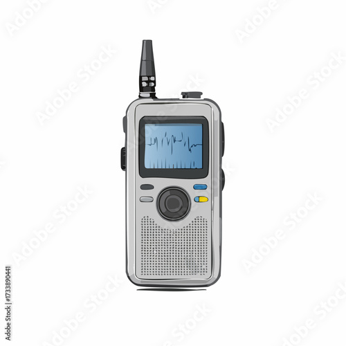 A modern silver handheld two-way radio or walkie-talkie with a digital screen, isolated on a plain white background.