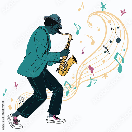A jazz musician plays saxophone with musical notes swirling around him.