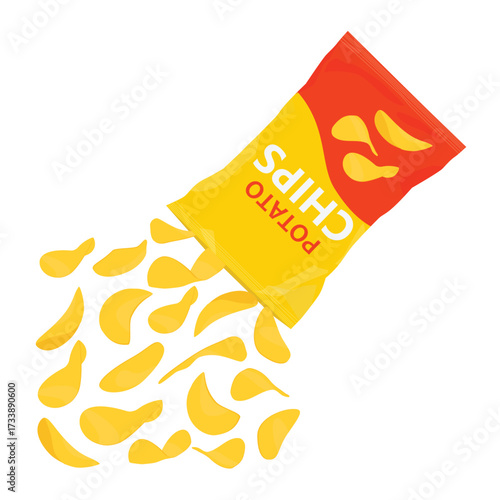 Potato crisps or chips falling from plastic chips bag or pack. Isolated on white backhround