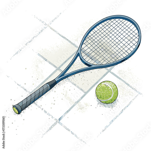 Tennis racket and ball resting on a court surface.