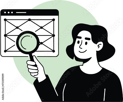 Vector art of a woman is holding a magnifying glass and looking at a website, she is wearing a black shirt and has black hair