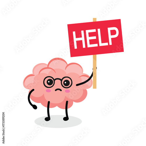 Cartoon character brain holding the sign "Stop". Brain in stress. Burnout concept. Human organ brain comic mascot. Vector illustration