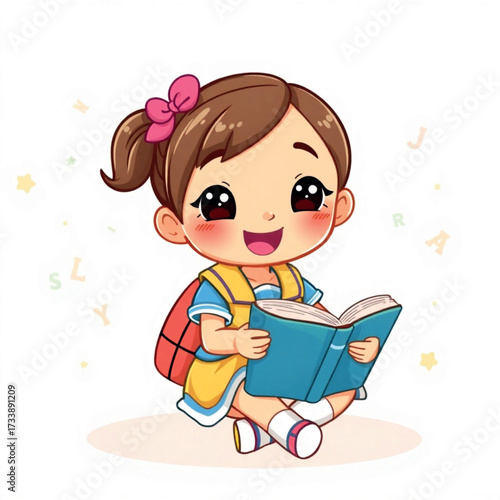 An adorable cartoon schoolgirl sitting and reading a book 