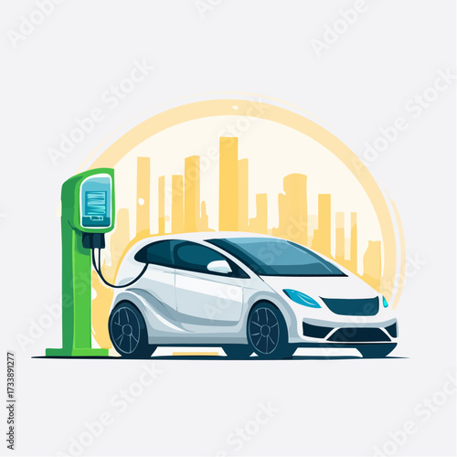 The future of transportation illustrated with a glowing electric vehicle at a charging point, representing sustainable energy and clean e-mobility