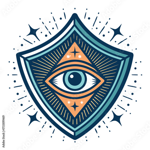 Mystical all-seeing eye symbol within a shield with stars and sparkles.