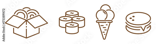 Fast food linear icons set isolated on transparent background. Wok, sushi, ice cream cone and burger outline symbols. Simple thin line style perfect for café, menu, snack bar and restaurant themes.