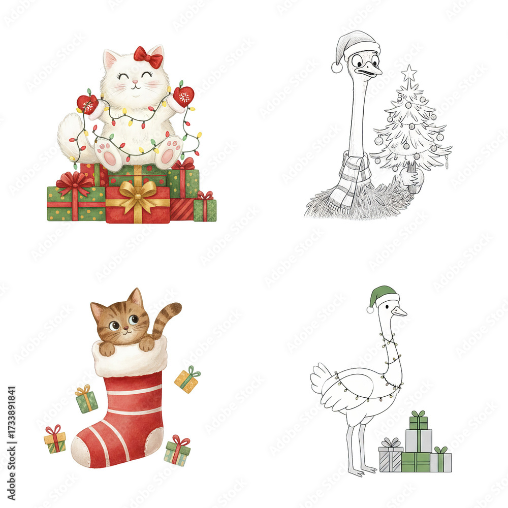 Fototapeta premium Charming Christmas Animals Illustration Set with Cats, Ostriches, and Geese