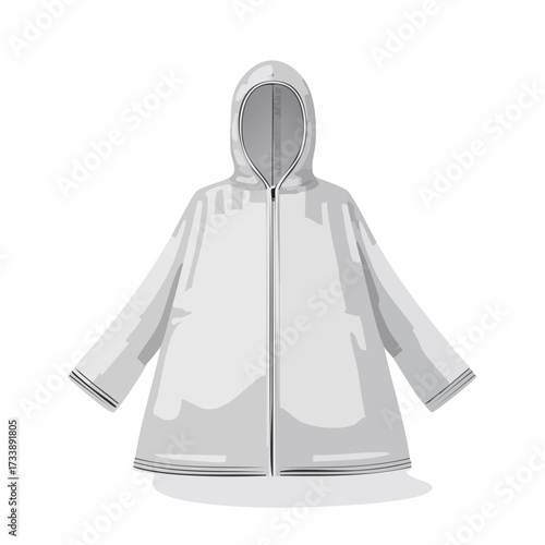 A white hooded raincoat with a central zipper, depicted as a vector illustration isolated on a plain white background.