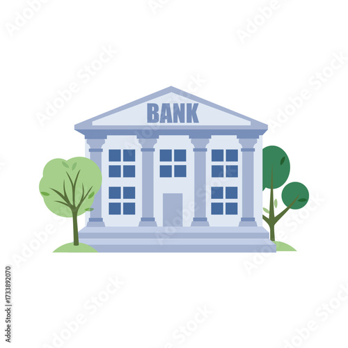 Bank building vector icon, isolated on white background. Bank facade and trees
