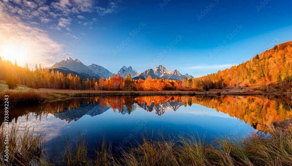 Fototapeta premium Colorful Autumn Landscape With Mountains And Reflective Lake Under A Blue Sky At Sunset