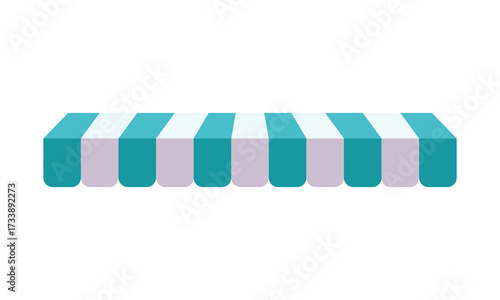 Blue and white striped shop canopy, store window awning. Cafe sunshade, store awning or roof with stripes