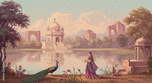 Captivating depiction of Indian woman and peacock in front of Mughal architecture
