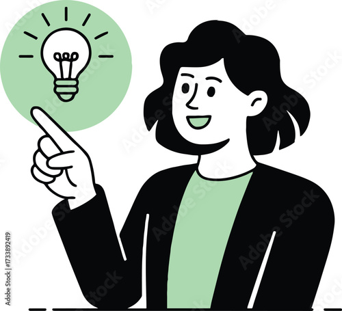 Vector art of a woman pointing to a light bulb symbolizing a new idea, she is wearing a black jacket and has black hair, representing innovation