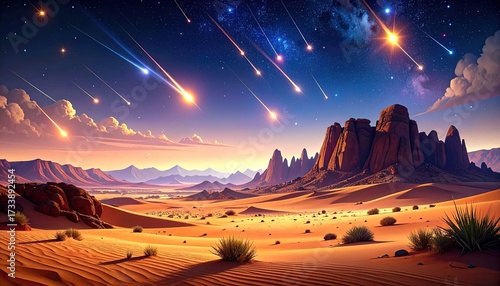 A breathtaking desert landscape under a spectacular night sky filled with shooting stars, showcasing vibrant colors and dramatic rock formations.