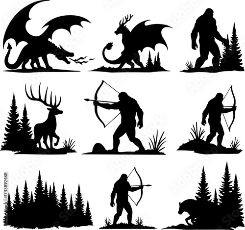 Fantasy Creatures and Mythological Warriors Silhouette Set