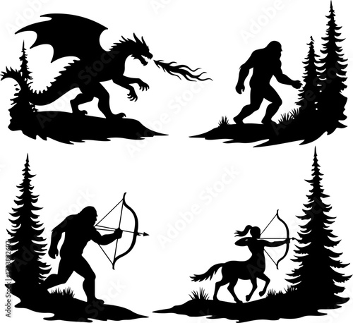 Fantasy Creatures and Mythological Warriors Silhouette Set