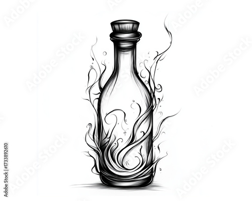 Stylized bottle with tendrils illustration, black and white, symbolizing natural growth and mystery with copy space
