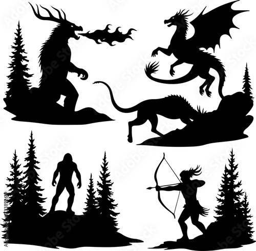 Fantasy Creatures and Mythological Warriors Silhouette Set