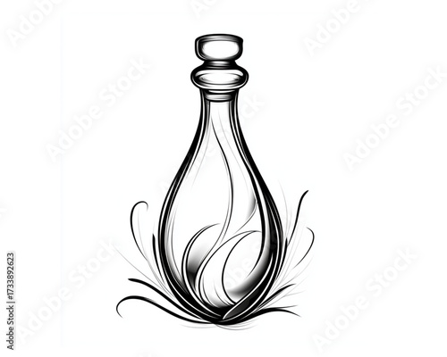 Elegant teardrop bottle with leaves illustration, black and white, symbolizing natural beauty and purity with copy space
