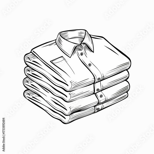 A black and white line drawing illustration of a stack of neatly folded shirts.