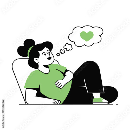 Vector art of a woman is lying on a couch and dreaming of love she is thinking about a heart she is happy and relaxed she is in love